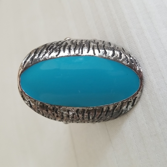 Silver Turquoise Enamel Southwest Stretch Ring - Picture 1 of 4